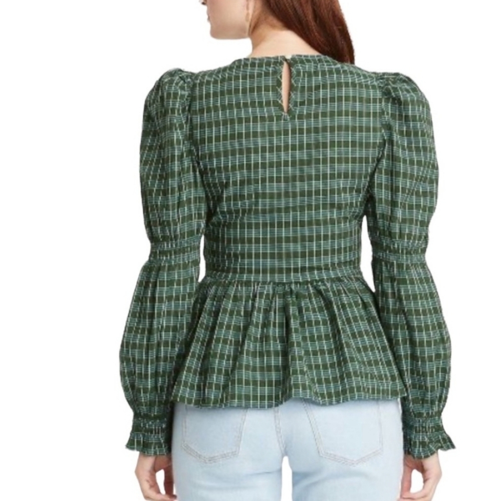 Universal Thread Puff Long Sleeve Smocked Green Blue Cottagecore Blouse Small S - Picture 2 of 7